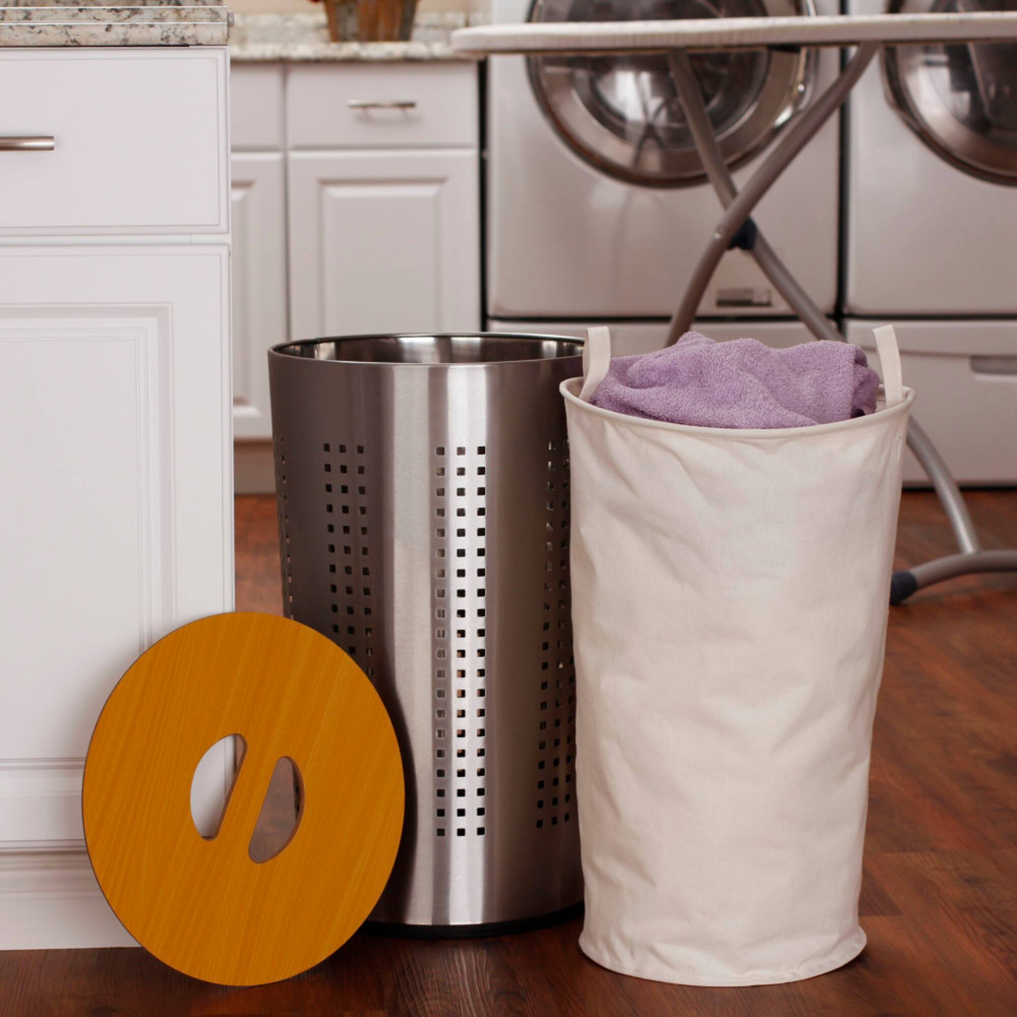 Household Essentials Round Metal Hamper with Engineered Wooden Lid